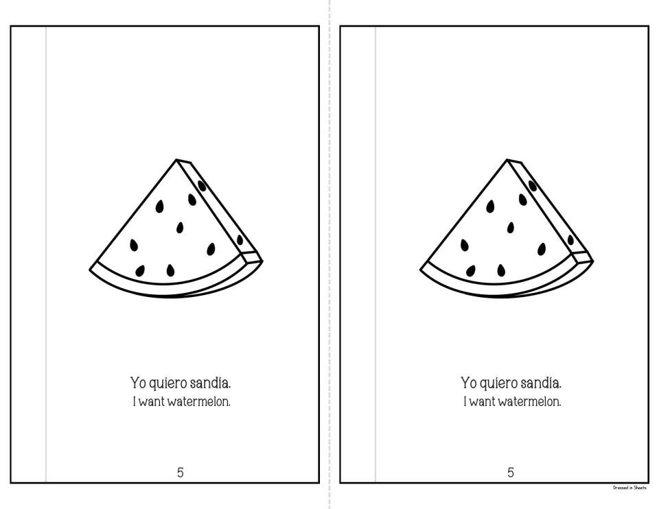 Mini-book page 5: 'Yo quiero sandía. I want watermelon.' with a watermelon slice, reading the repeated sentence frame