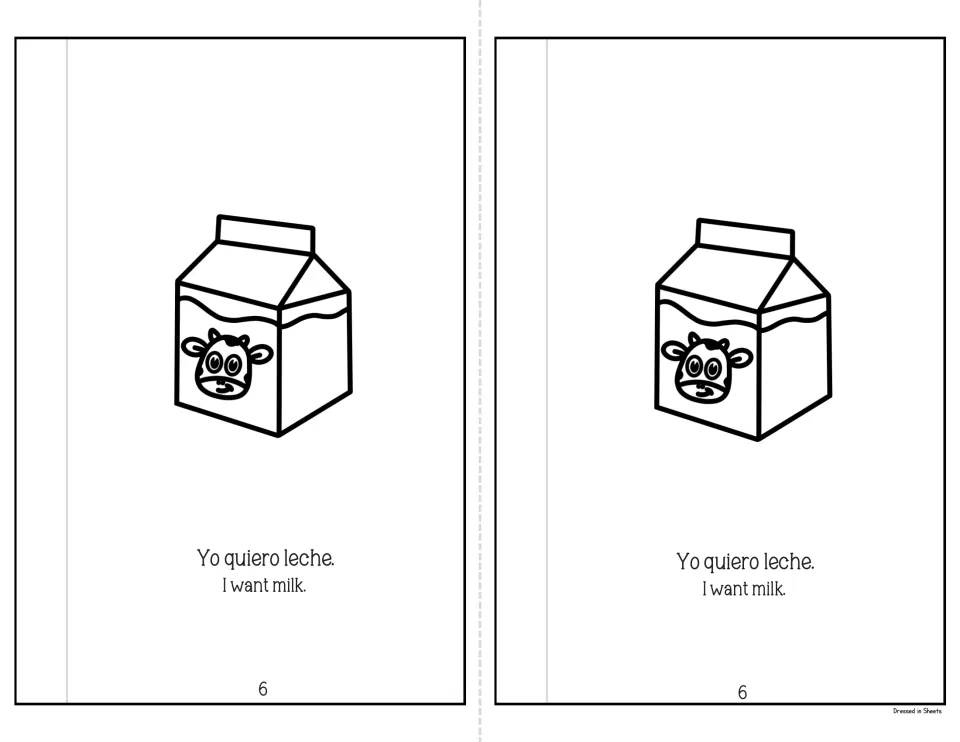 Mini-book page 6: 'Yo quiero leche. I want milk.' with a milk carton showing a cow face, Spanish and English sentence