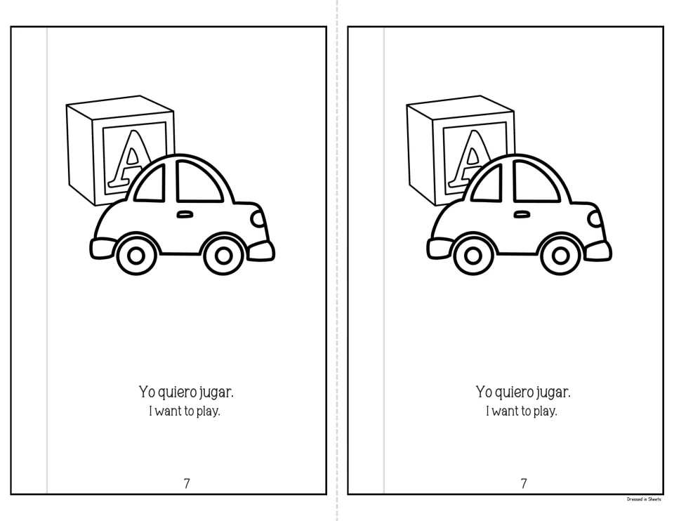 Mini-book page 7: 'Yo quiero jugar. I want to play.' with a toy car and letter A block, ending on a verb, not a food