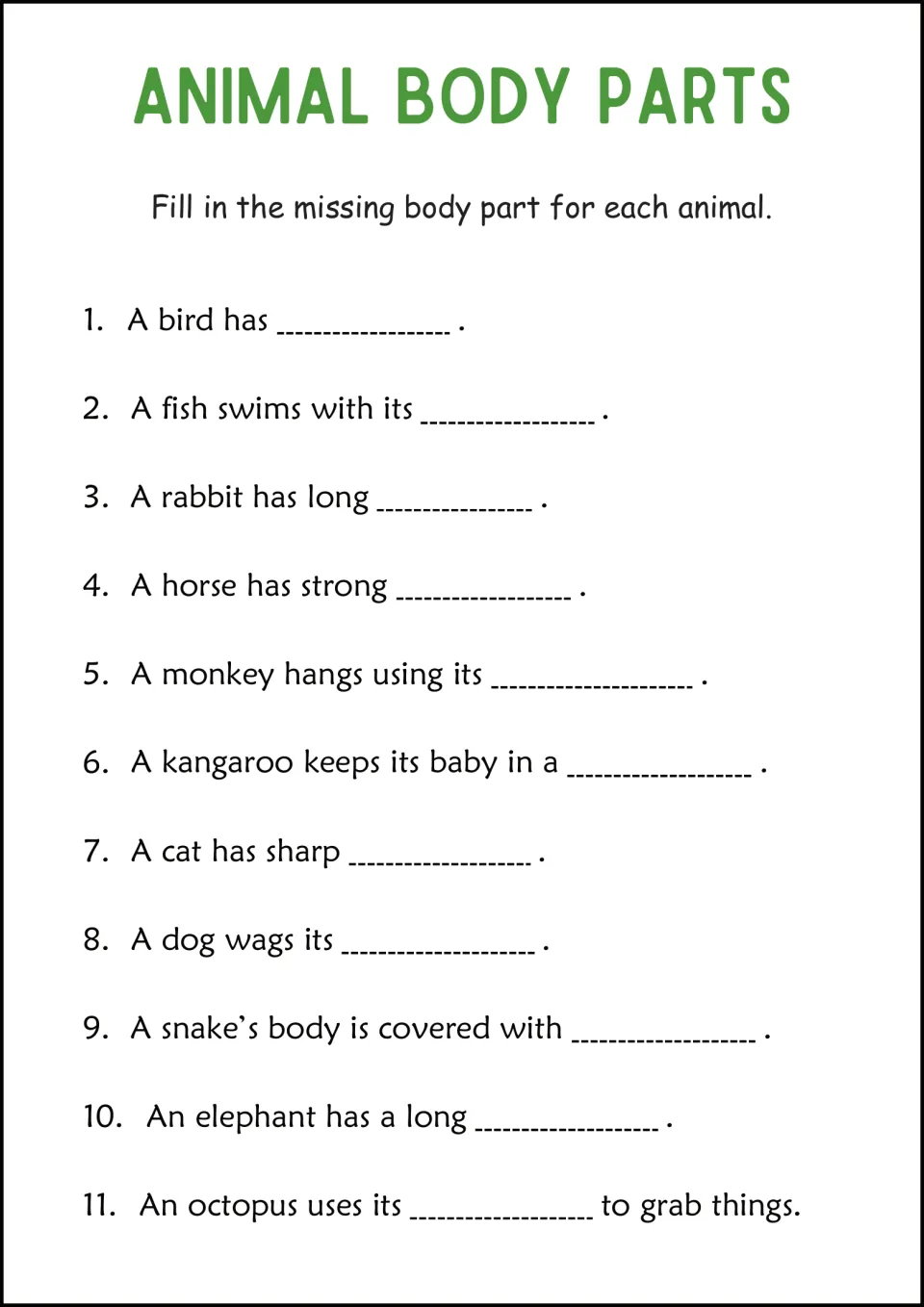 Animal body parts sentence completion: students fill in the missing part in 11 sentences, like where a kangaroo keeps a baby