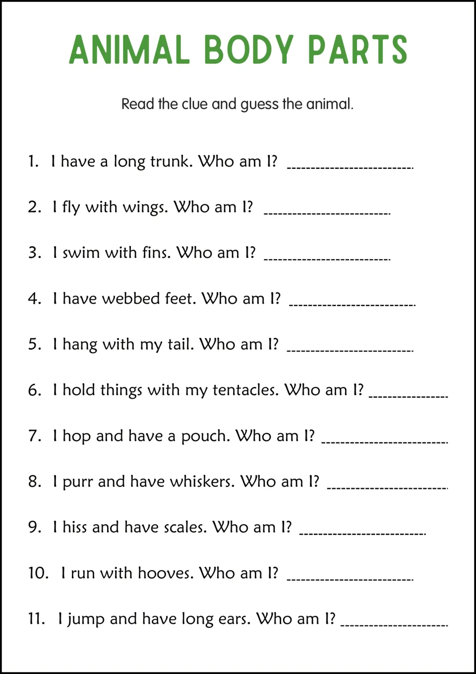Animal body parts clues: students read 11 Who am I? clues about trunks, fins, pouches and hooves and name each animal