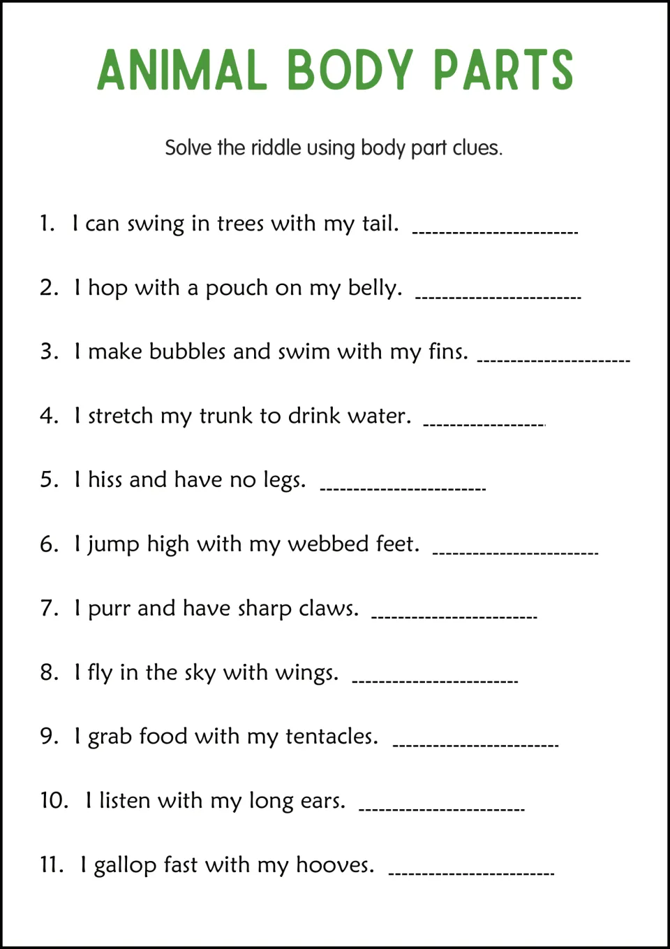 Animal body parts riddles: students solve 11 riddles, like swinging with a tail or galloping on hooves, by naming the animal