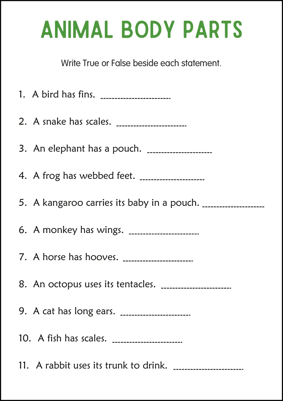 Animal body parts true or false: students judge 11 statements, such as a frog has webbed feet or a monkey has wings