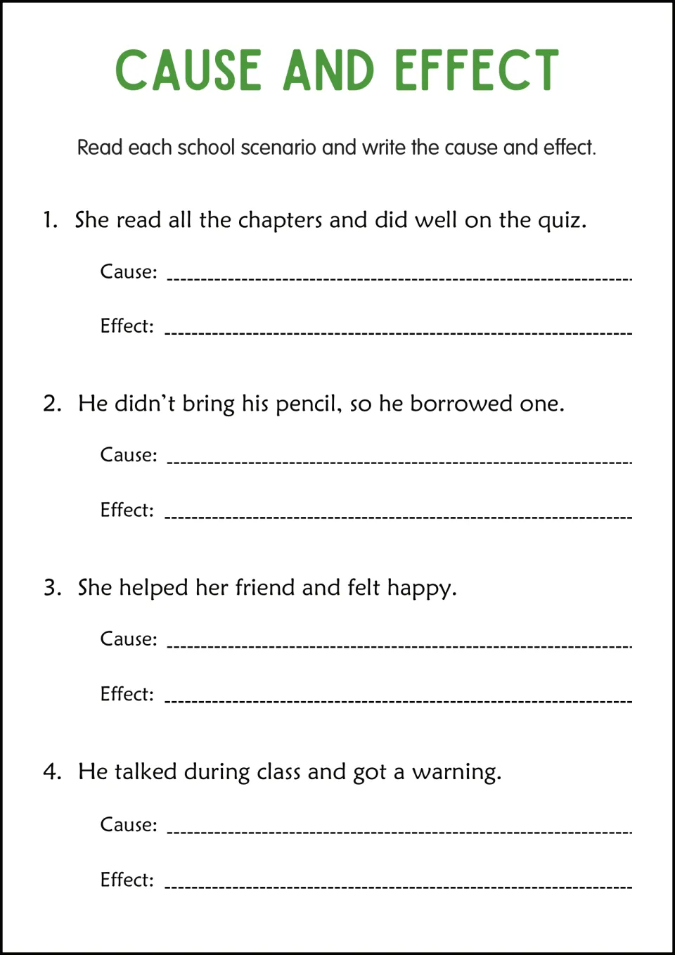 School scenarios: students identify the cause and effect in 4 items, like reading chapters and borrowing a pencil