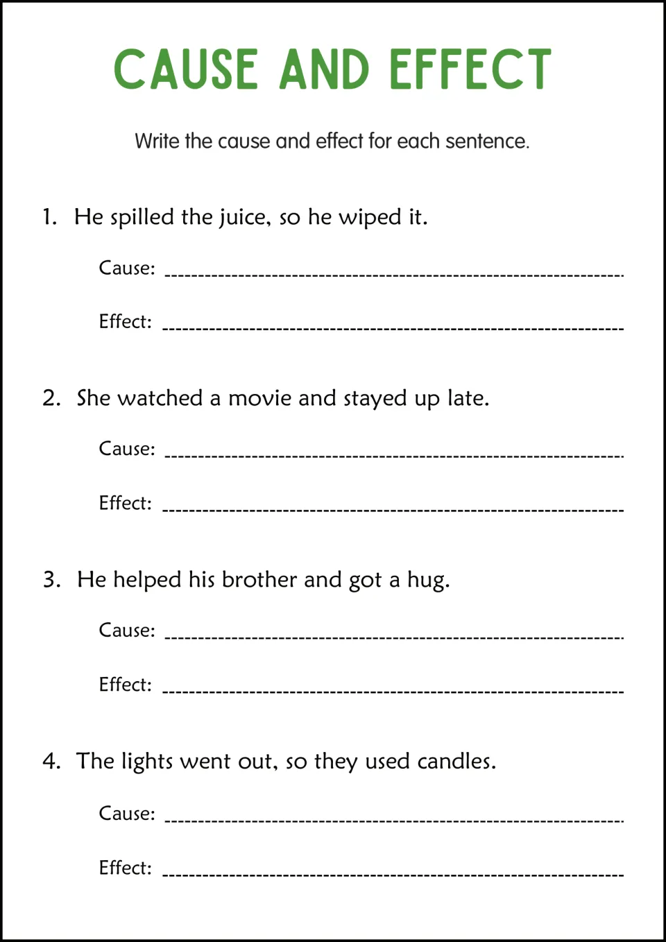 Everyday events: students identify both parts of 4 sentences, from spilled juice to candles when the lights go out