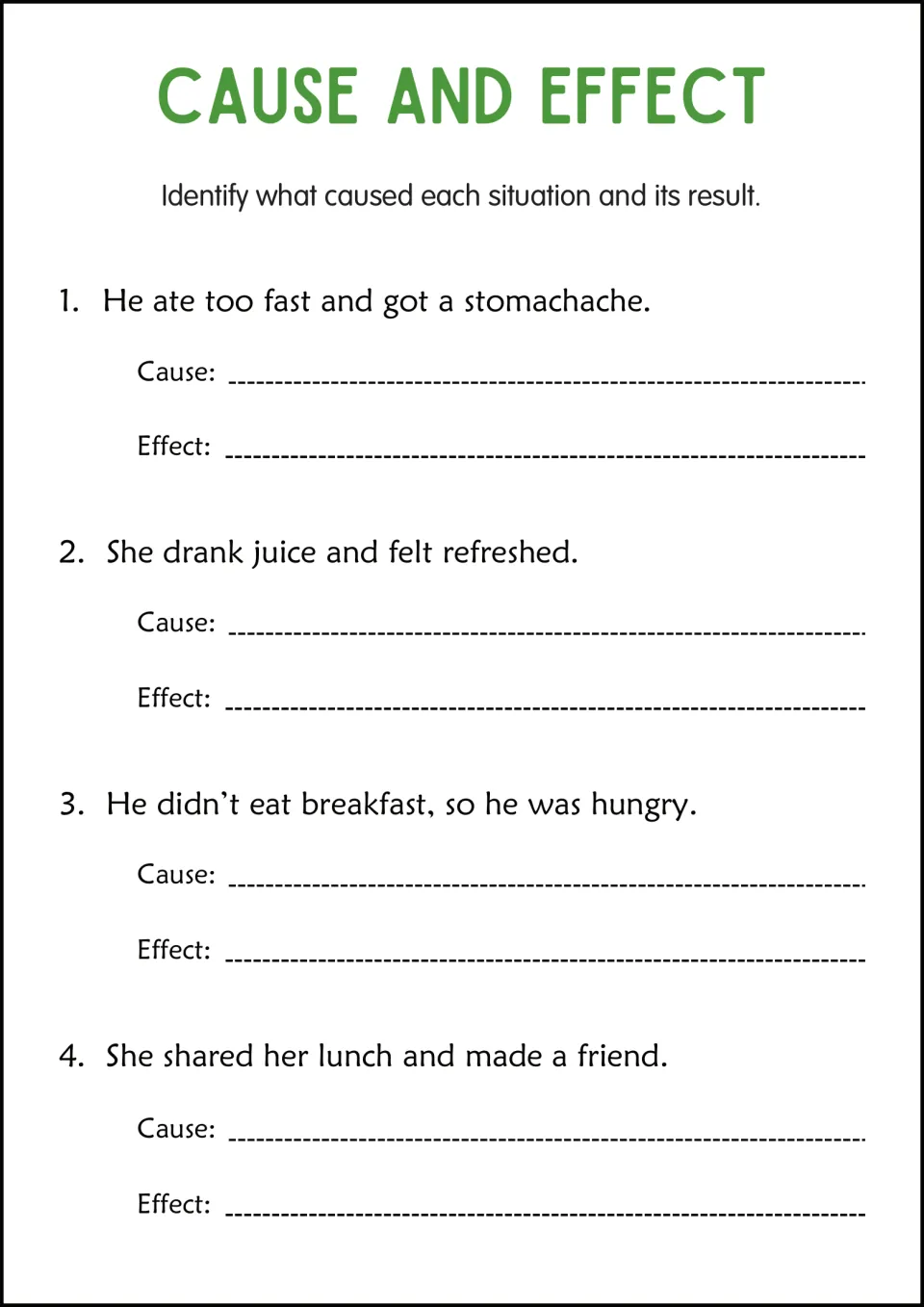 Food and friends cause and effect: students name what caused each situation and its result, like eating too fast