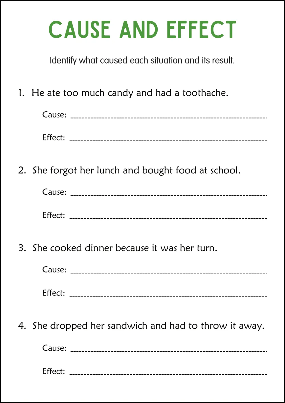 Mealtime cause and effect: students identify cause and result for 4 items, such as too much candy leading to a toothache