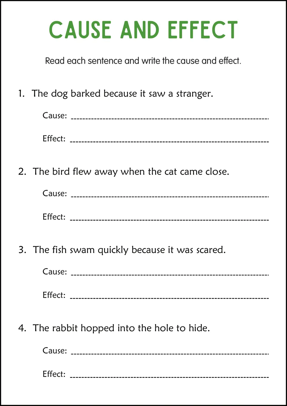 Animal cause and effect: students write the cause and effect for 4 sentences about a dog, a bird, a fish and a rabbit