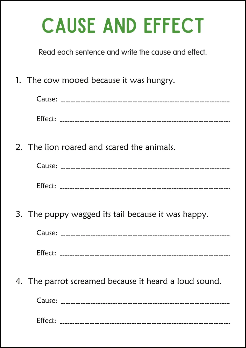 Animal sentences: students find the cause and effect when a cow moos, a lion roars, a puppy wags and a parrot screams