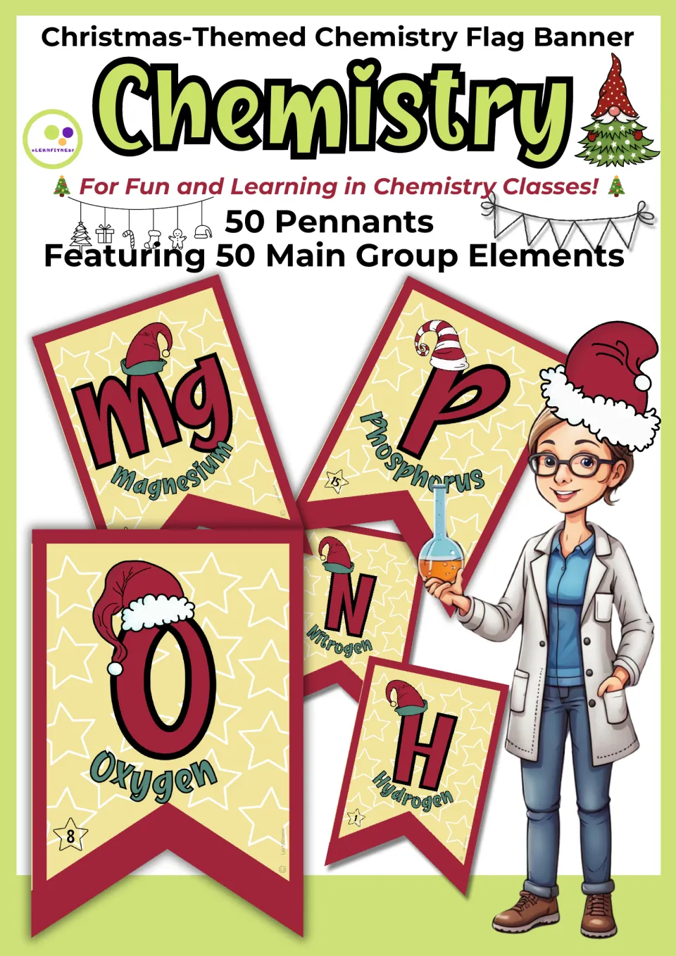 Cover of the Christmas chemistry banner set, advertising 50 pennants featuring main group elements