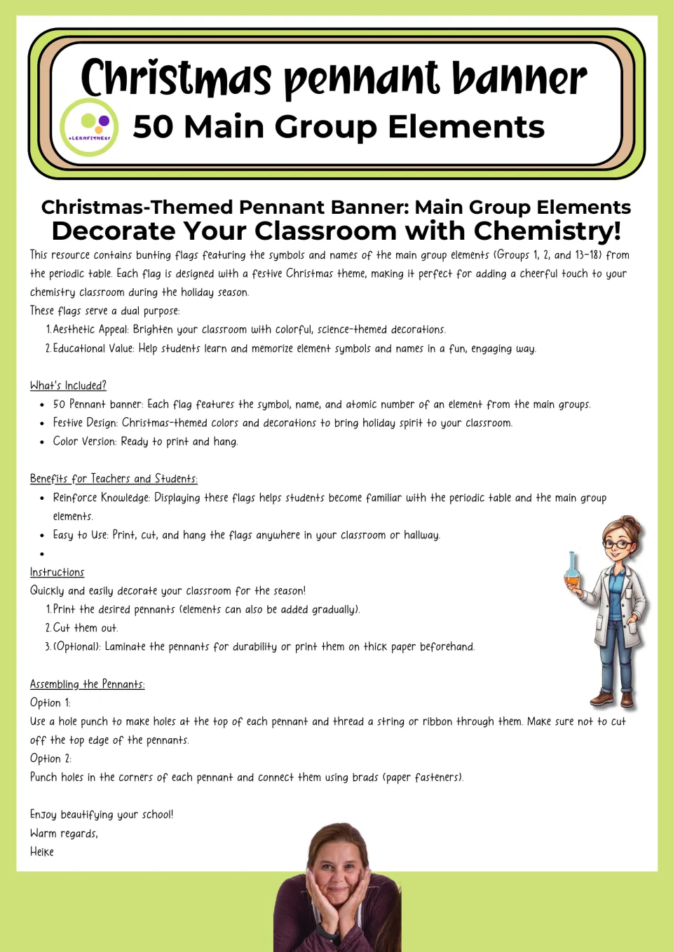 Instructions for printing, cutting, and assembling the 50 chemistry pennants using string, ribbon, or brads