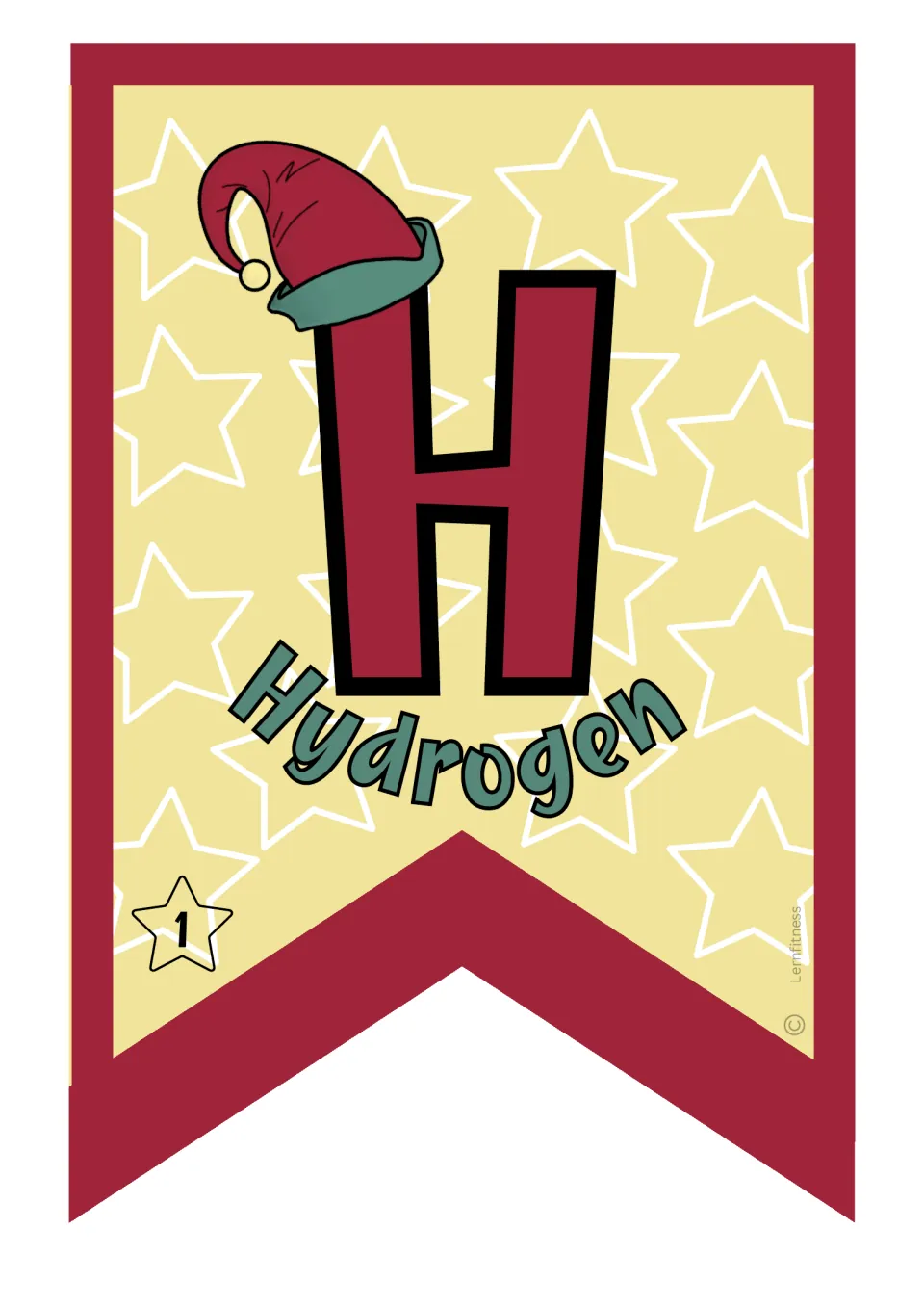 Hydrogen pennant for the Christmas chemistry classroom banner, showing element symbol H and atomic number 1