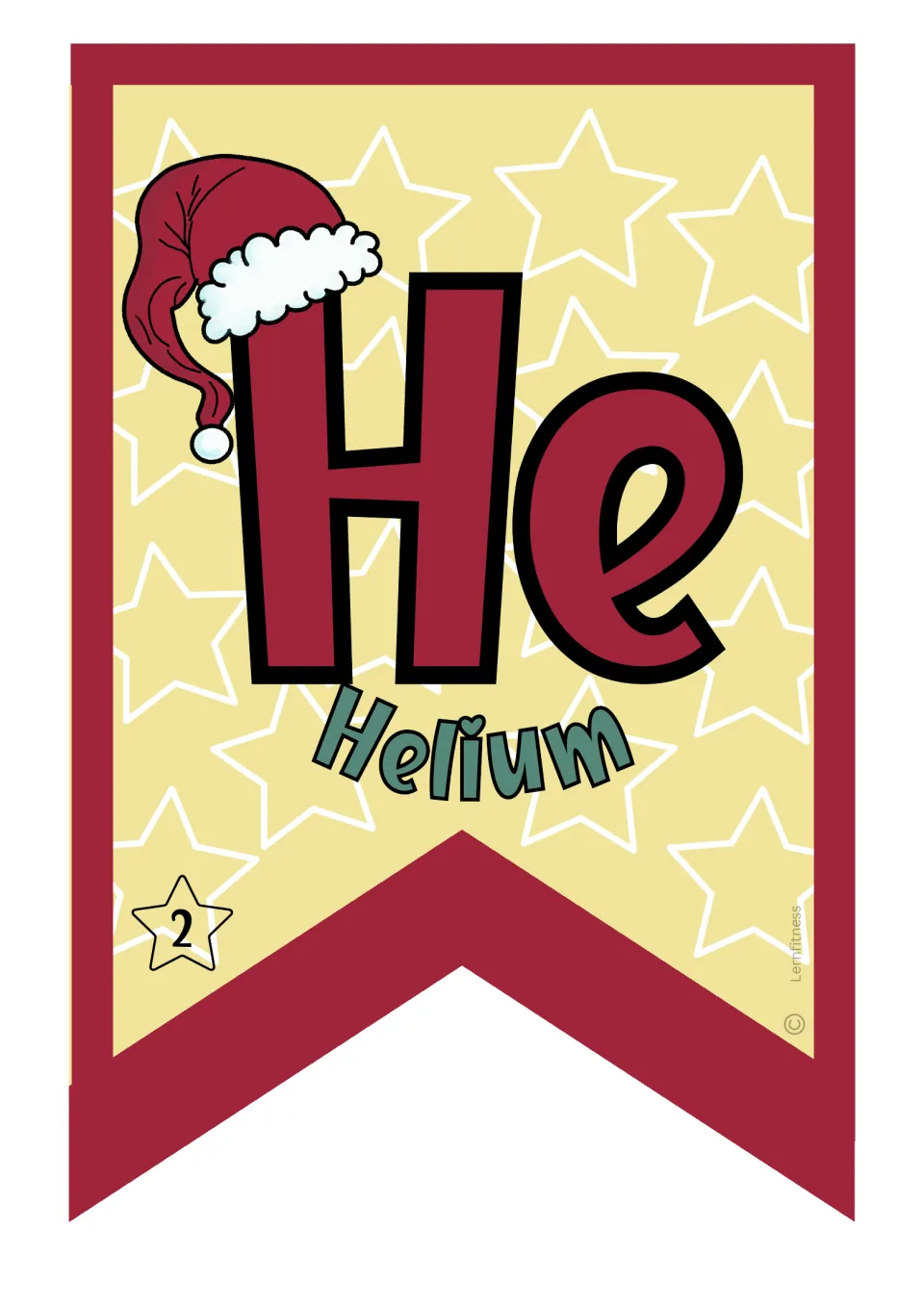 Helium pennant for the Christmas chemistry classroom banner, showing element symbol He and atomic number 2
