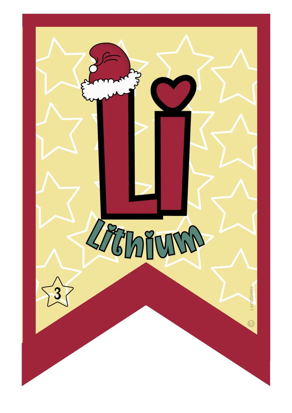 Lithium pennant for the Christmas chemistry classroom banner, showing element symbol Li and atomic number 3