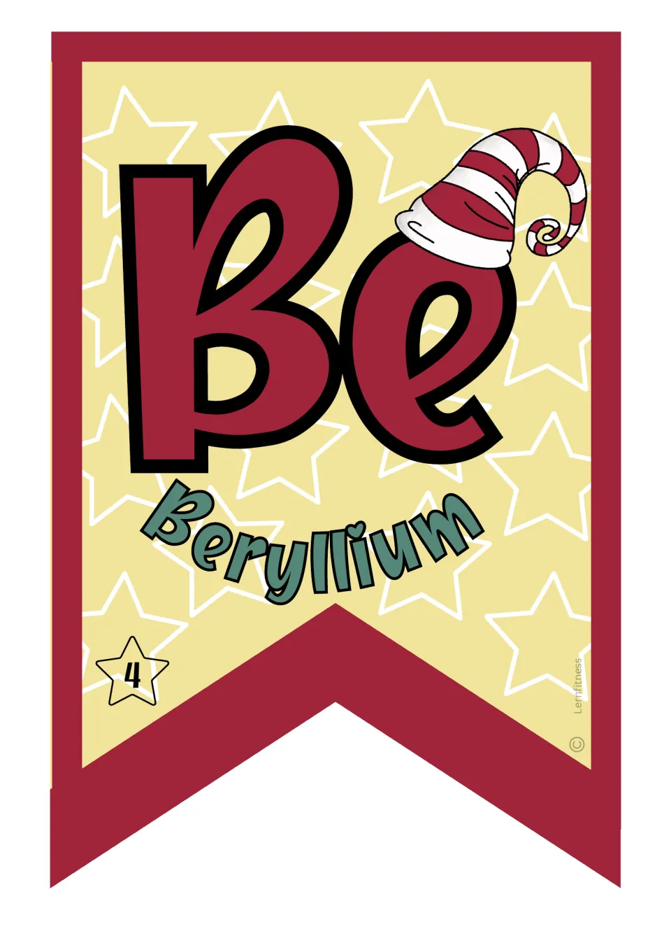 Beryllium pennant for the Christmas chemistry classroom banner, showing element symbol Be and atomic number 4