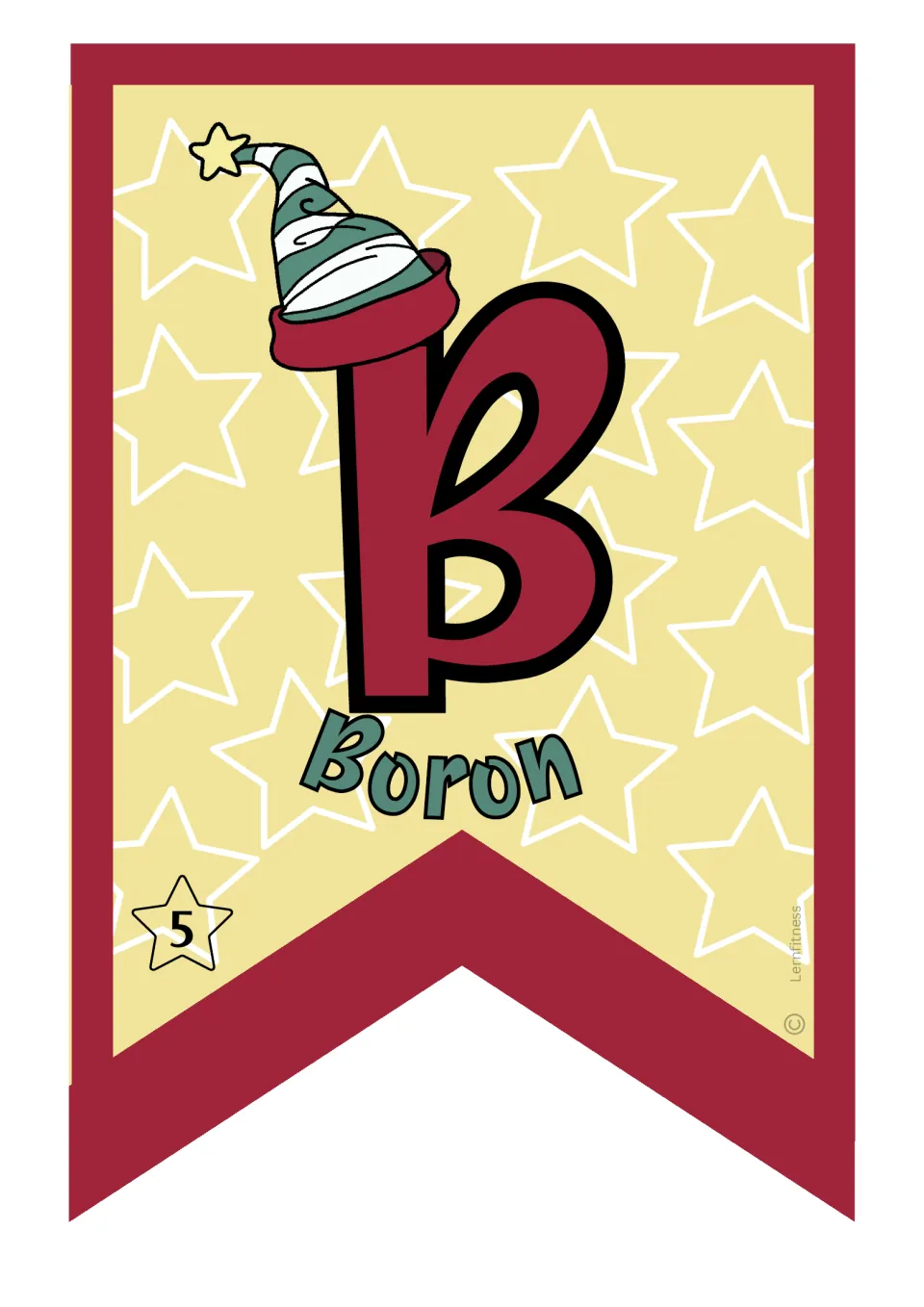 Boron pennant for the Christmas chemistry classroom banner, showing element symbol B and atomic number 5