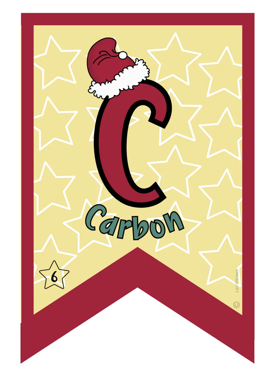 Carbon pennant for the Christmas chemistry classroom banner, showing element symbol C and atomic number 6