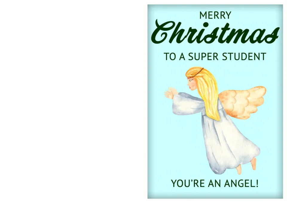 Student Christmas card 3: a flying angel on light blue, with 'To a super student' and 'You're an angel!'