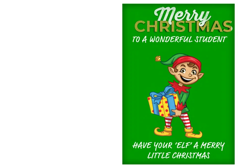 Student Christmas card 10: 'To a wonderful student' and 'Have your elf a merry little Christmas,' with an elf