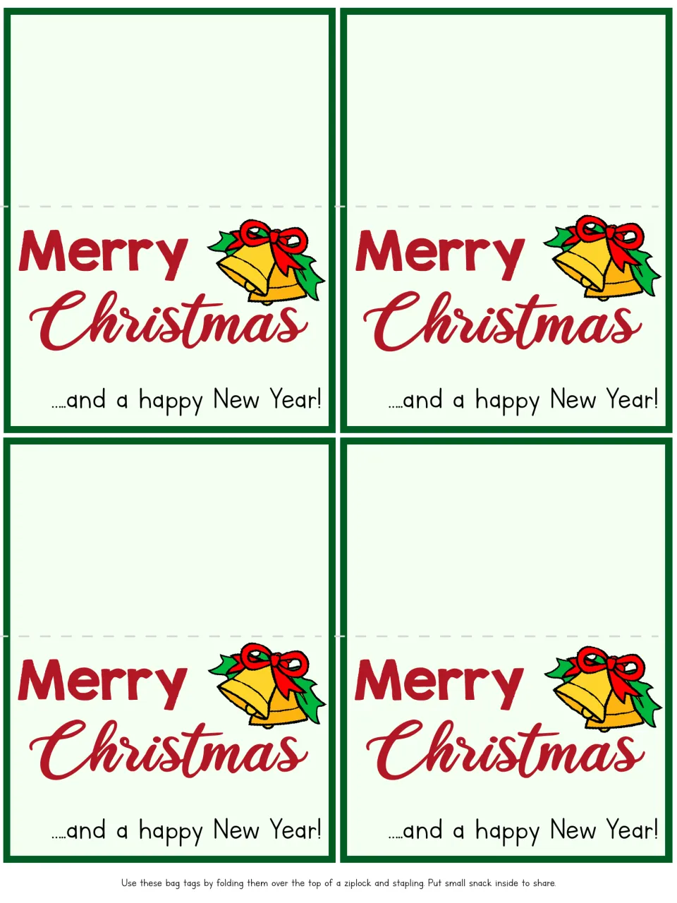 Four Christmas goodie bag tags reading 'Merry Christmas' and '...and a happy New Year!' with folding directions