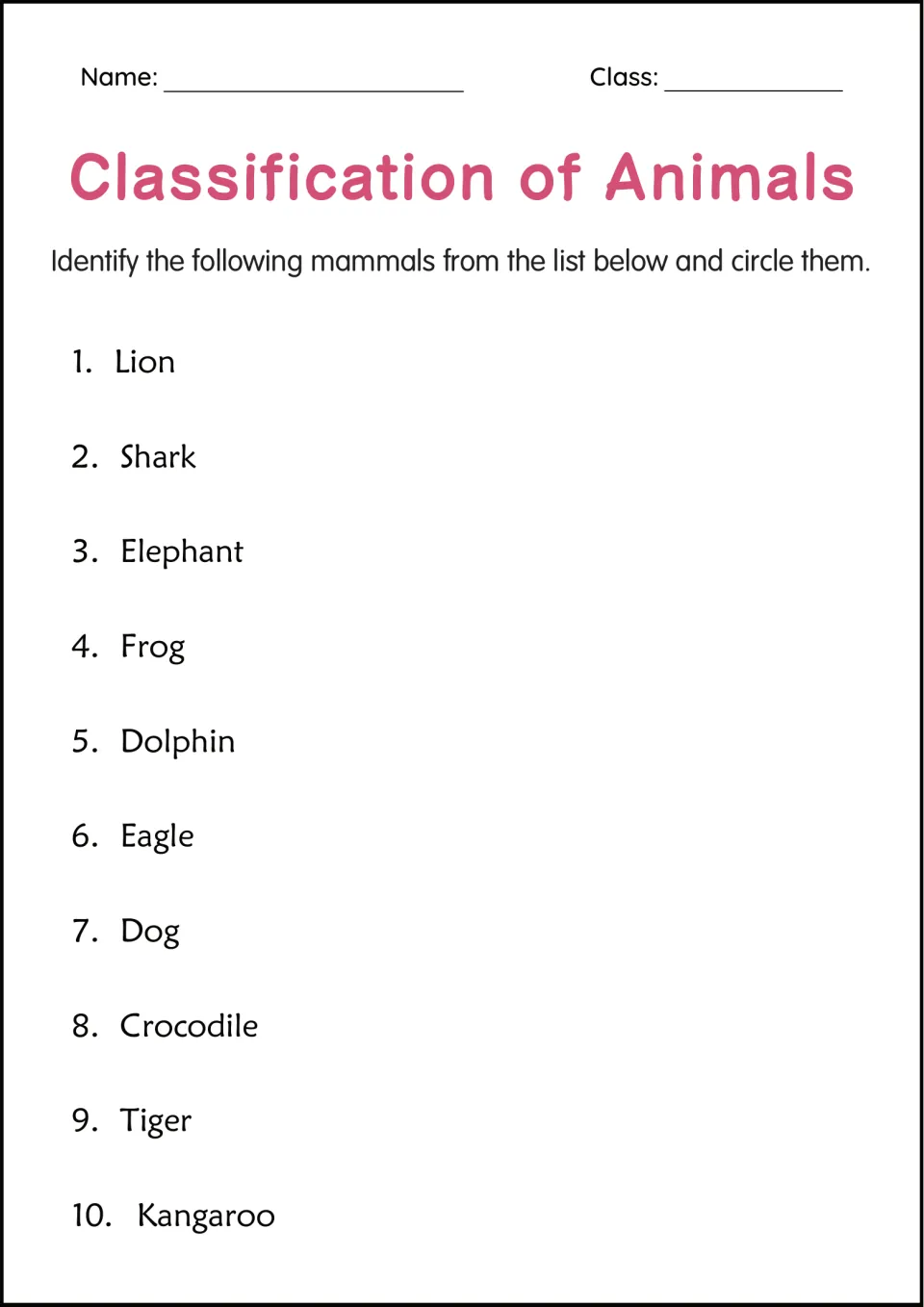 Mammals: students read a list of 10 animals, from lion and shark to kangaroo, and circle each one that is a mammal