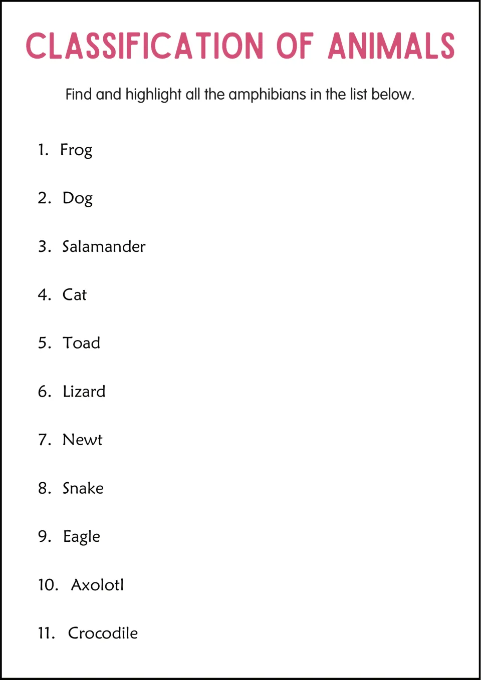 Amphibians: students highlight the amphibians among 11 animals, including frog, salamander, toad, newt and axolotl