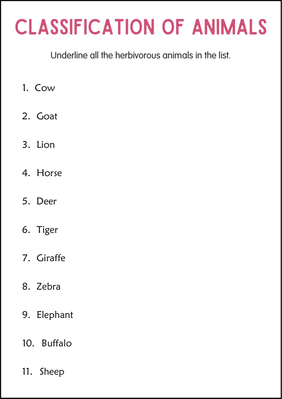 Herbivores: students underline each herbivore among 11 animals, including cow, goat, giraffe, zebra, lion and tiger