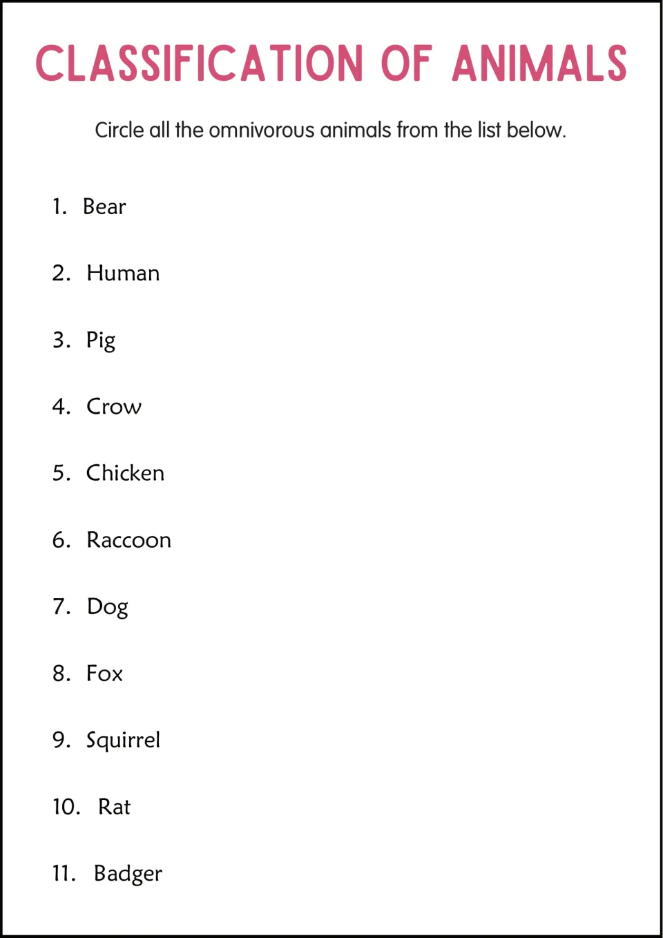 Omnivores: students circle each omnivore in a list of 11 animals, including bear, human, pig, raccoon and squirrel