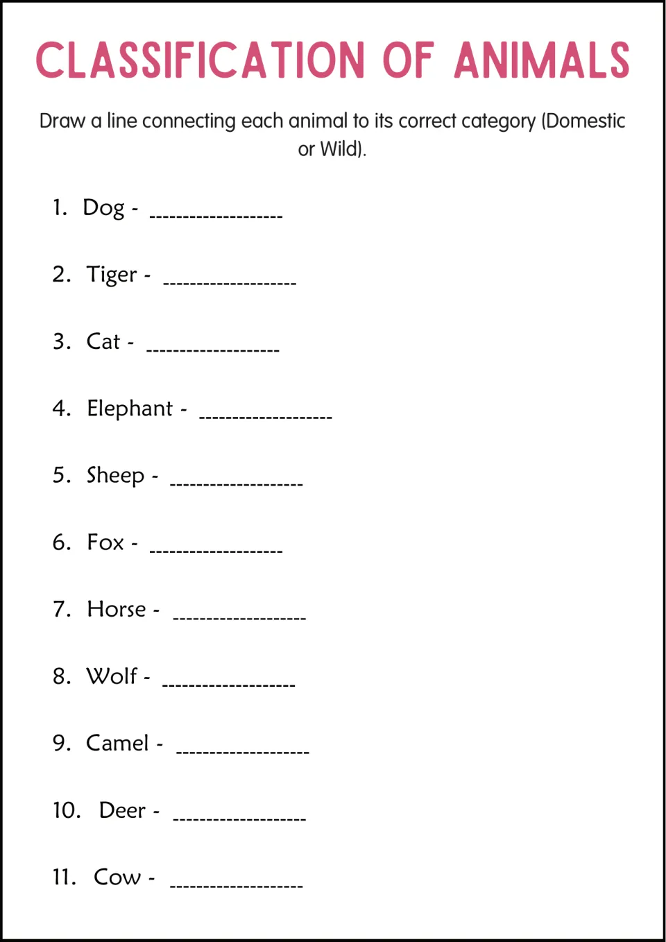 Domestic or wild: students sort 11 animals, from dog and cat to tiger and wolf, drawing a line to the correct category