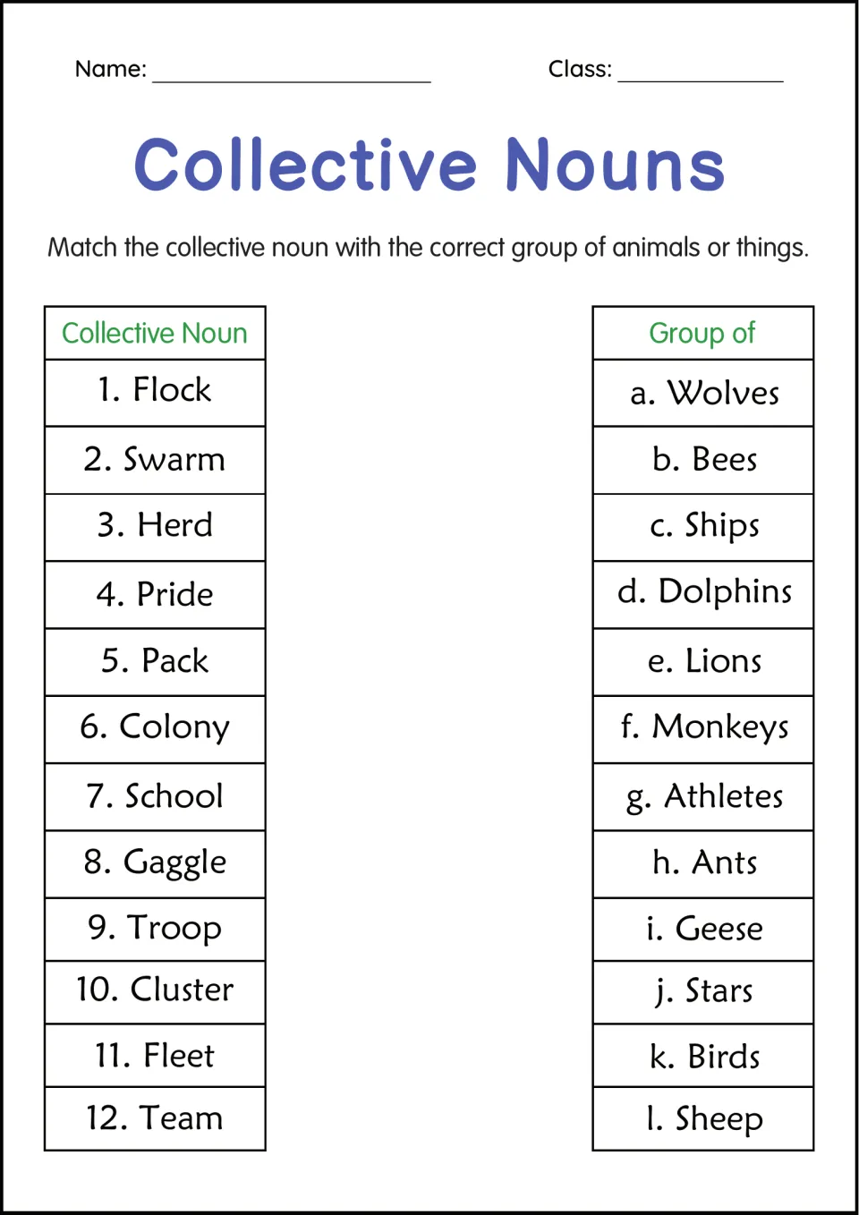 Collective nouns matching: students match 12 nouns like flock, pride and fleet to groups such as wolves, bees and stars