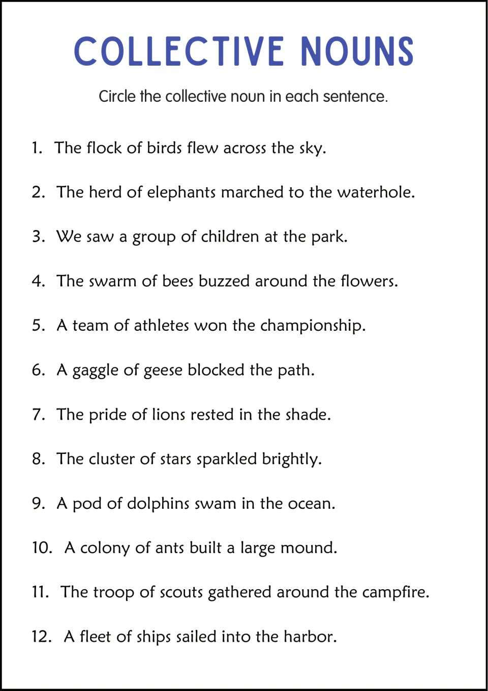 Identifying collective nouns: students circle the group word in 12 sentences, from a flock of birds to a fleet of ships