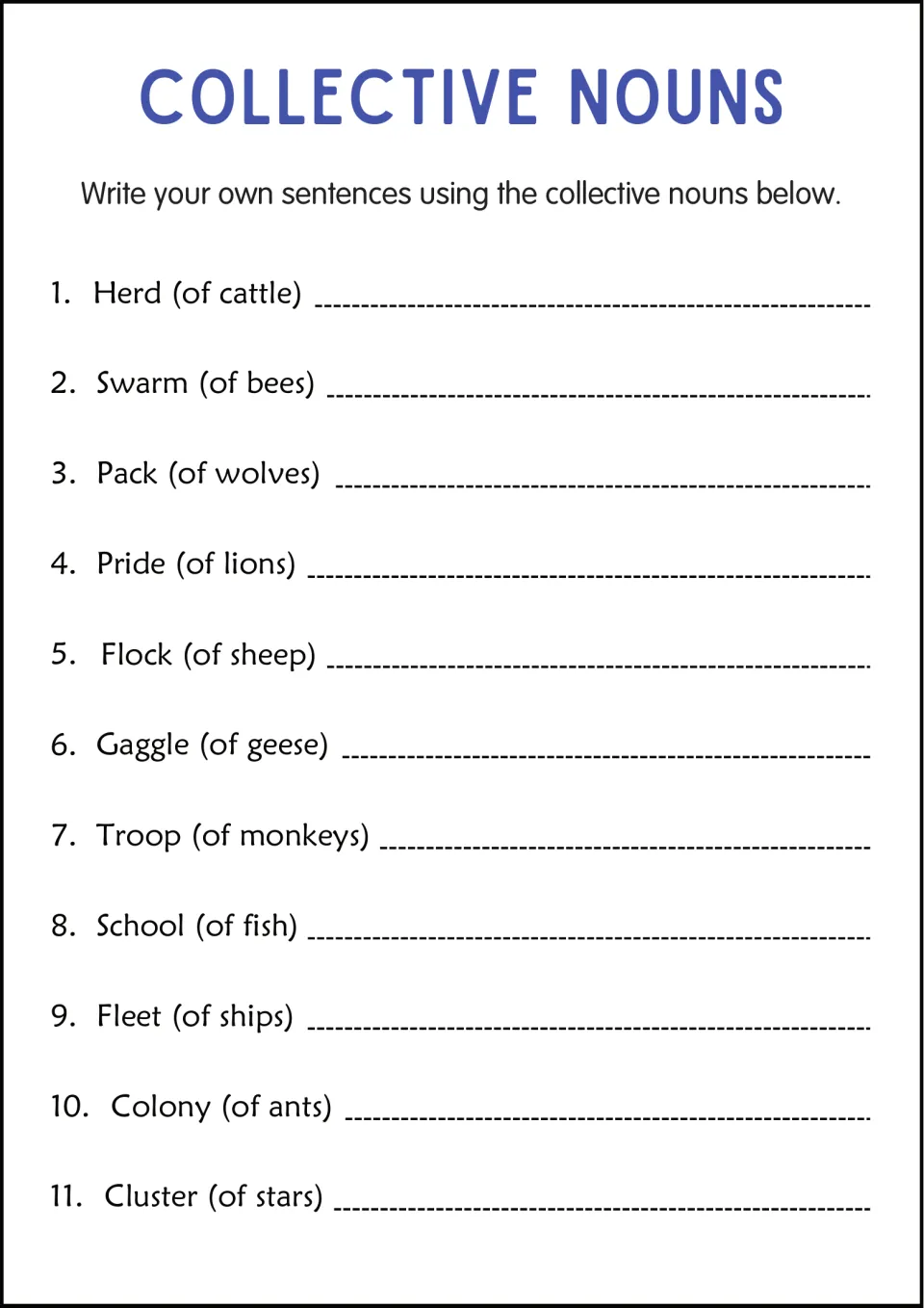 Collective nouns in writing: students compose original sentences for 11 prompts like herd (of cattle) and pack (of wolves)