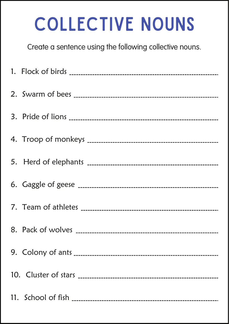 Sentence writing with collective nouns: students use 11 phrases like flock of birds and team of athletes in sentences