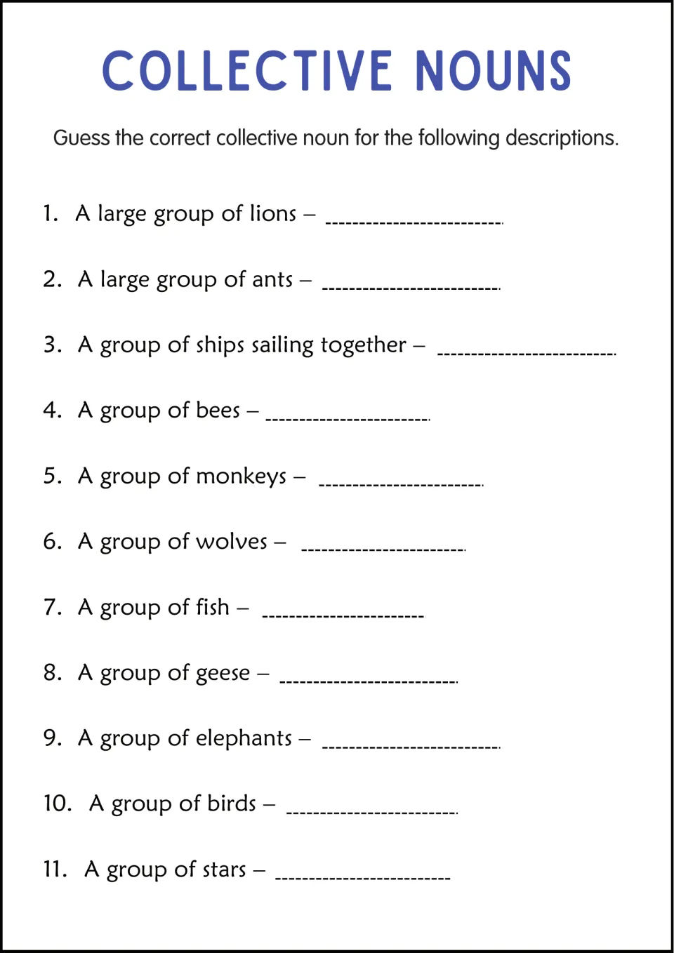 Naming collective nouns: students write the group word for 11 clues like a group of ships sailing together