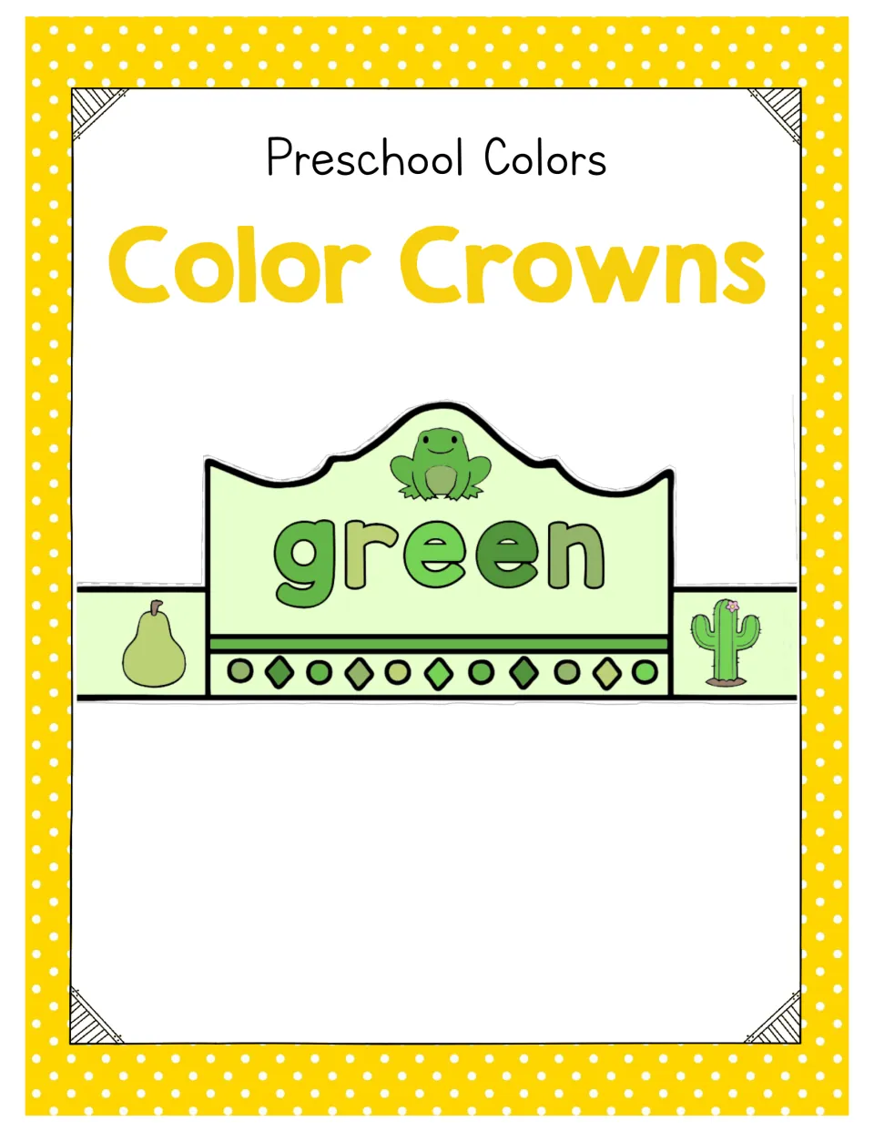 Preschool Colors Color Crowns cover showing a finished green crown decorated with a frog, a pear and a cactus