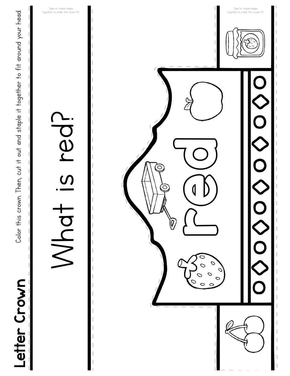 What is red? Color-word crown: children color an apple, wagon, strawberry, cherries and jam, then cut it out and wear it
