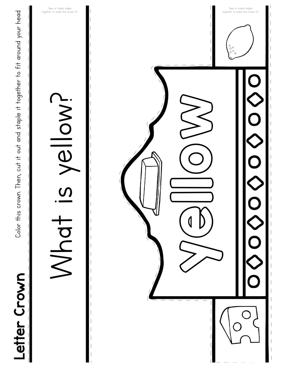 What is yellow? Crown to color showing the word yellow with butter, a lemon and cheese, to cut out and fit around the head
