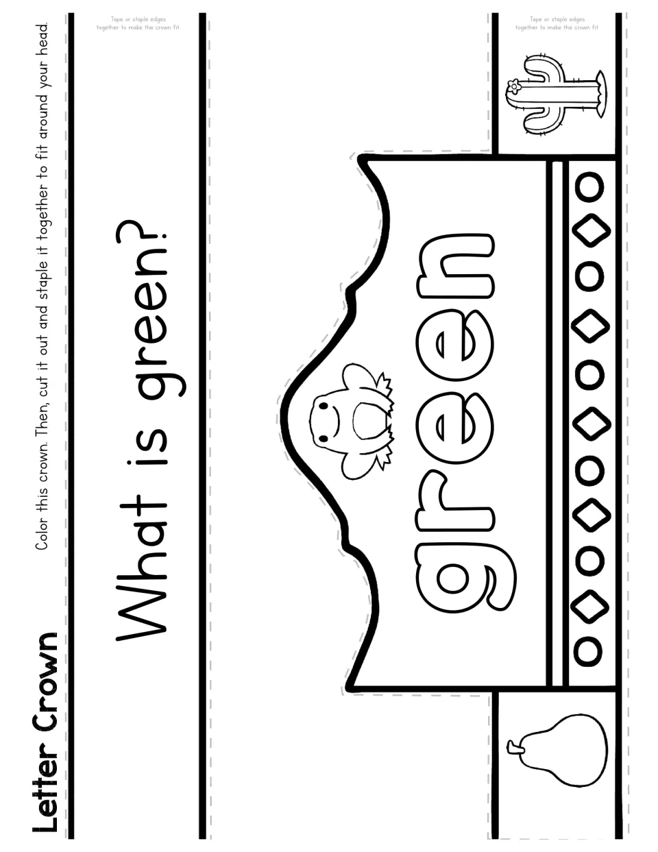 What is green? Color-word crown with a frog, cactus and pear to color green, then cut out and tape the band to fit the head
