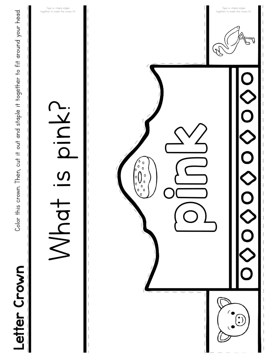 What is pink? Crown showing the word pink with a sprinkled donut, flamingo and pig to color pink before cutting and fitting