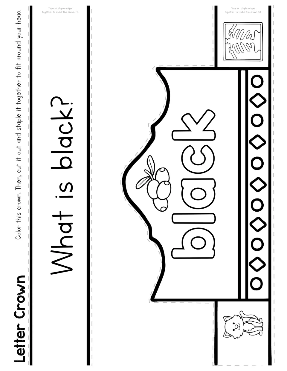What is black? Color-word crown with olives, an X-ray and a cat for children to color black, cut out and tape to fit