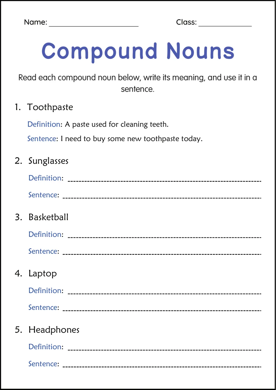 Compound nouns vocabulary: students write a definition and a sentence for sunglasses, basketball, laptop and headphones