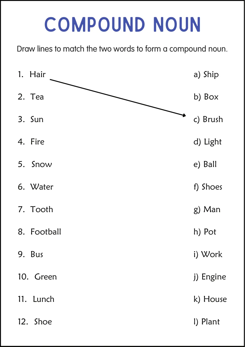Compound noun matching: students draw lines joining 12 first words like hair and tea to endings like brush, ship and pot