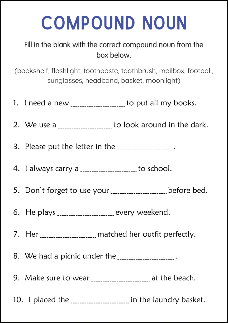Compound nouns in context: students fill 10 sentence blanks using a word bank with bookshelf, flashlight and mailbox