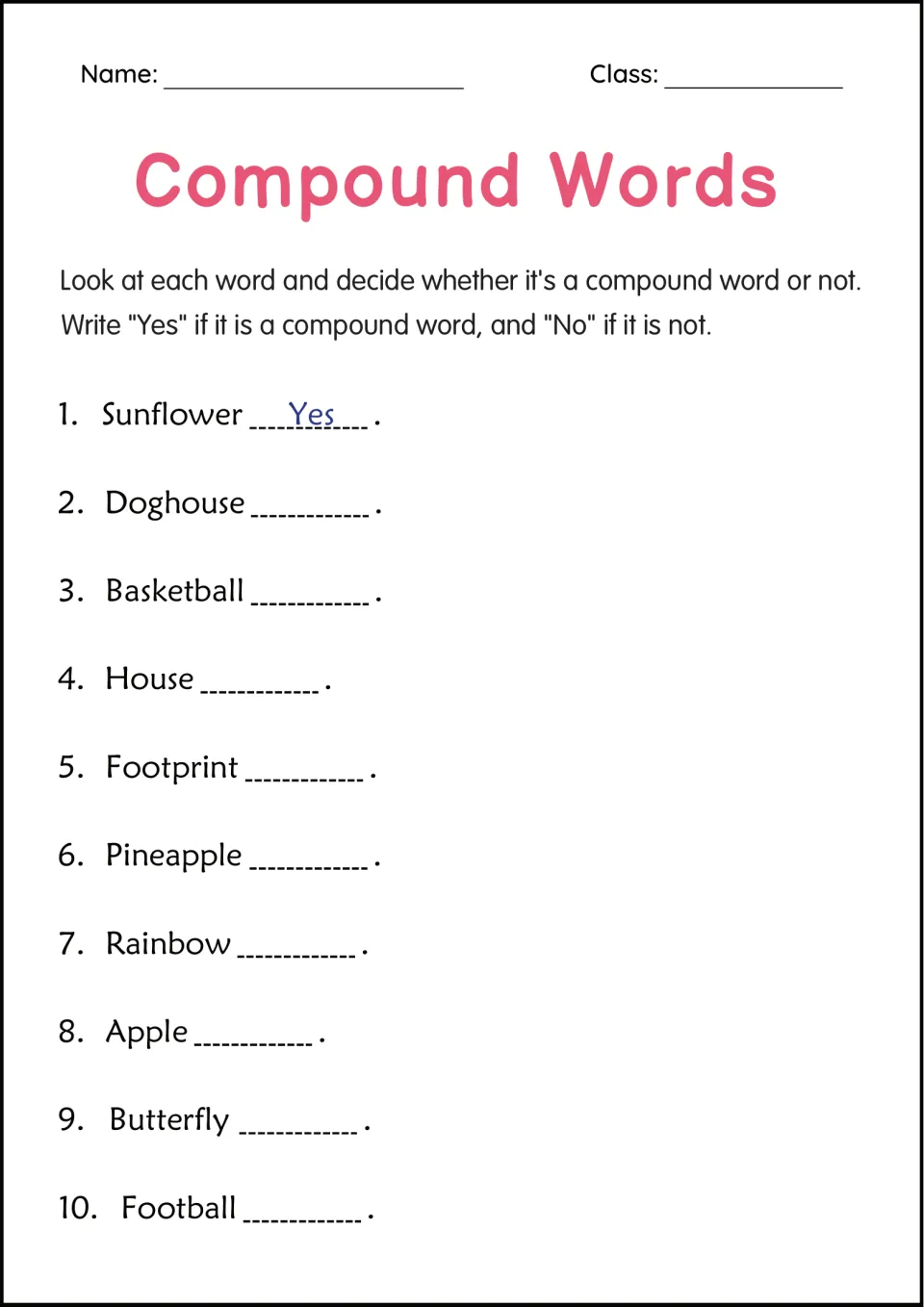Compound word identification practice: mark Yes or No for sunflower, doghouse, basketball, house and six more.