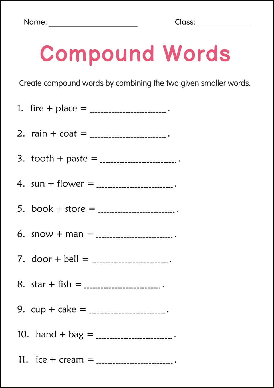 Compound word building practice: combine 11 word pairs, including fire + place, rain + coat and ice + cream.