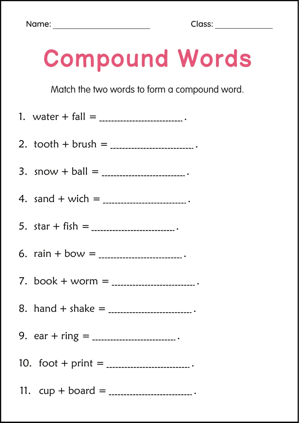 Compound word pair practice: join 11 given pairs, including water + fall, tooth + brush and cup + board.
