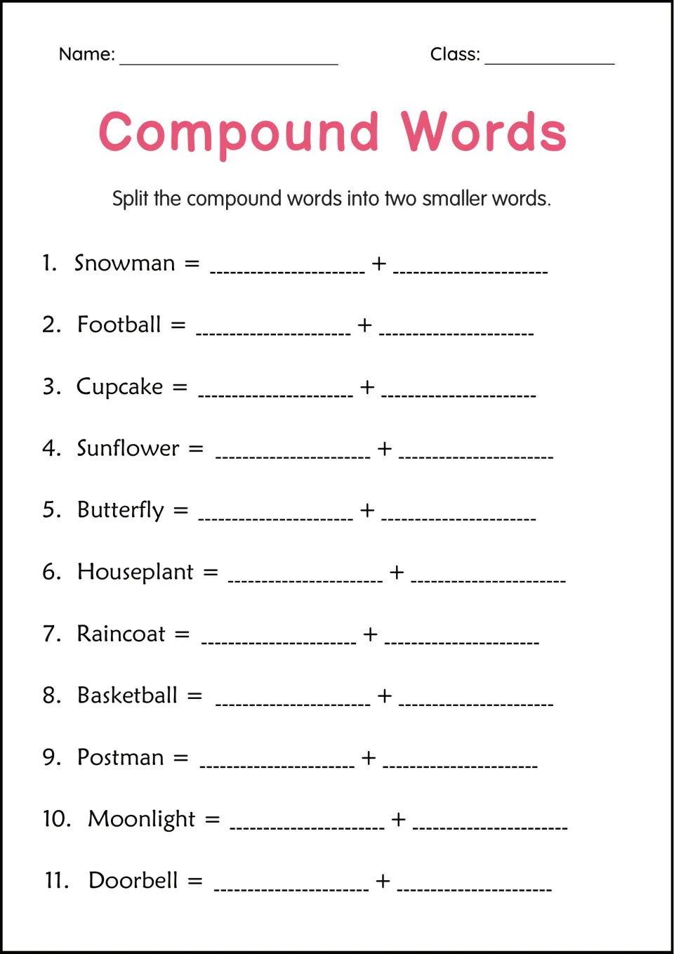 Compound word splitting practice: break snowman, football, cupcake, sunflower and seven more into two words.