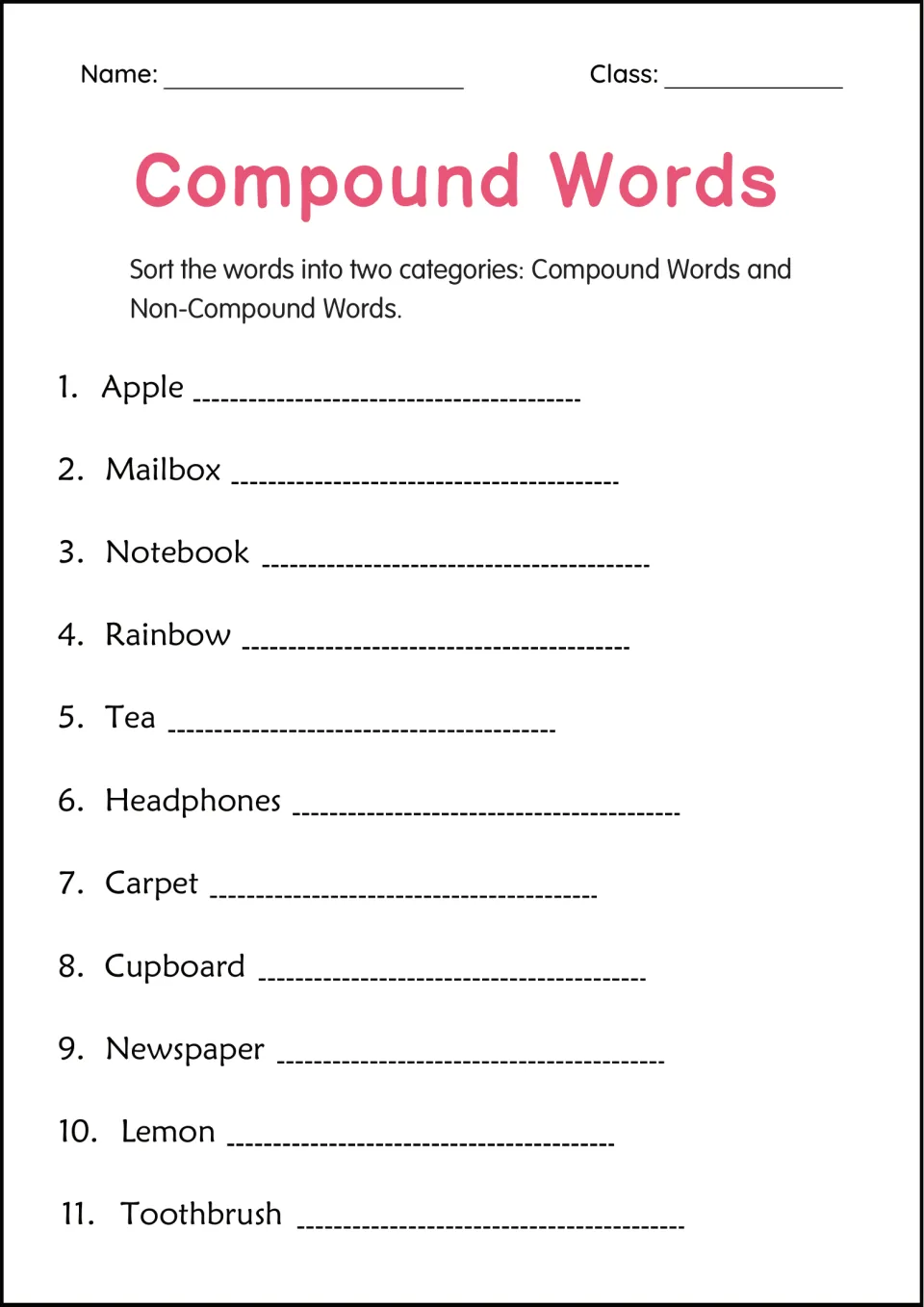 Compound word sorting practice: classify 11 words, including apple, mailbox, notebook, tea and headphones.