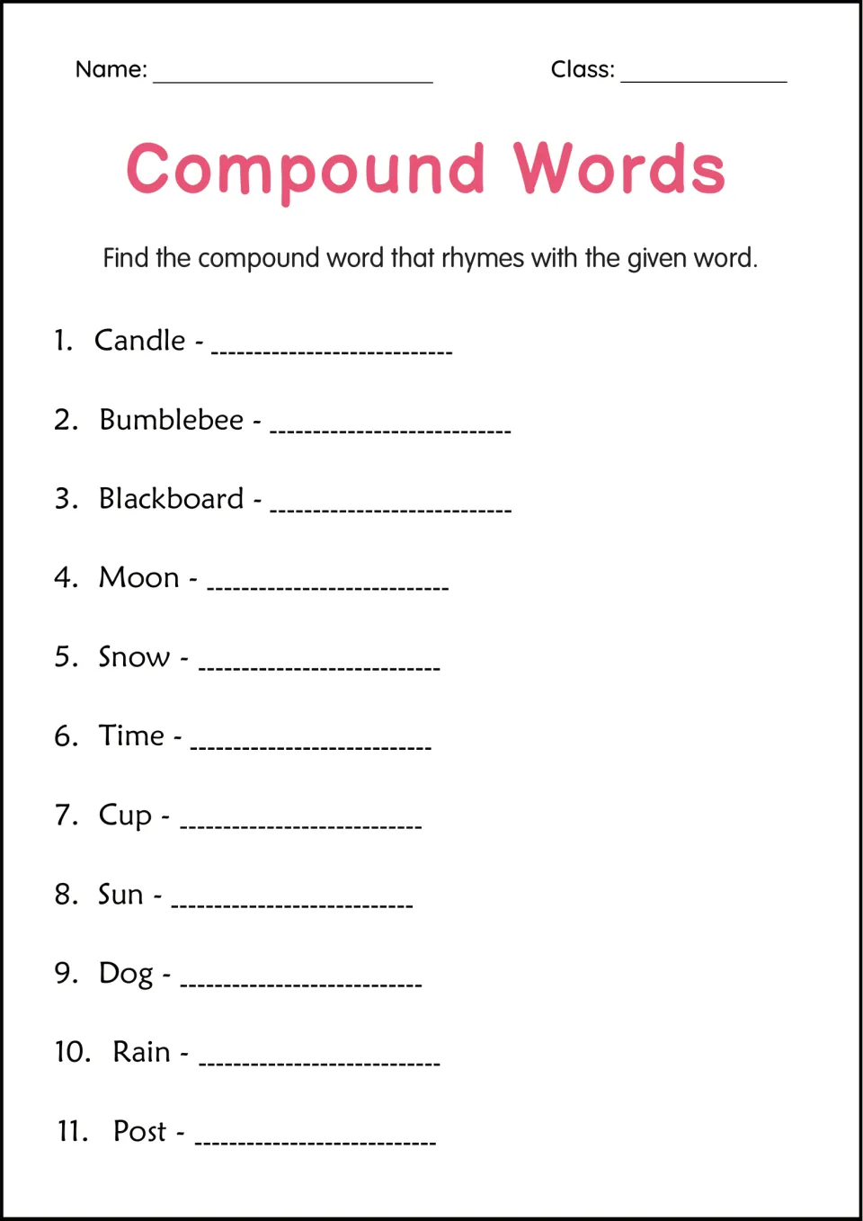 Compound word rhyming practice: supply a rhyming compound word for candle, bumblebee, blackboard and eight more.
