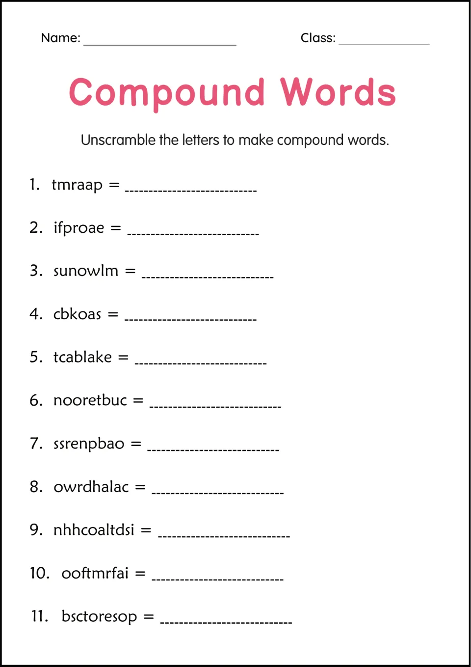 Compound word unscrambling practice: rearrange 11 letter strings, including tmraap, ifproae and sunowlm.
